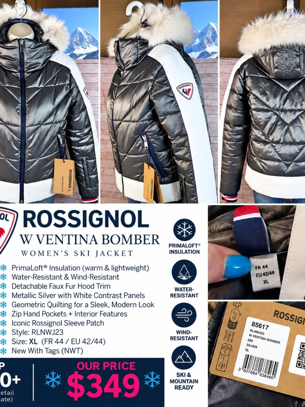 Rossignol Ventina Bomber Ski Jacket L Silver PrimaLoft Faux Fur NWT
